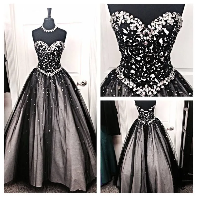 New Black and White Tulle Ball Gown Evening Dresses 2020 Crystal Beaded Rhinestones A Line Lace Up Prom Dresses Runway Red Carpet Dresses