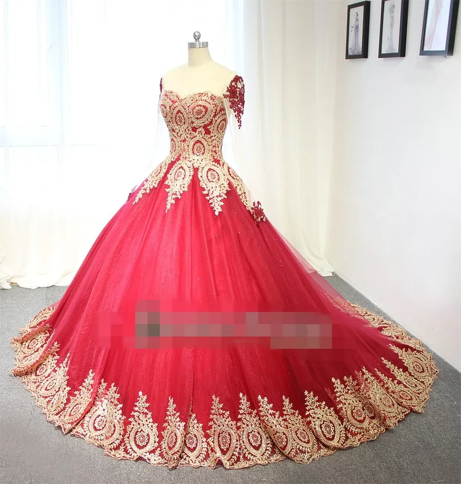 새로운 빨간색과 금색 볼 가운 웨딩 드레스 긴 소매 코르셋 비 화이트 다채로운 신부 가운 아랍어 공식적인 드레스 사용자 정의 만든