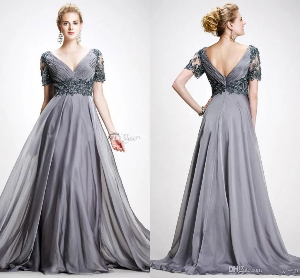 Elie Saab Abiti per la madre della sposa Scollo a V Appliques Lunghezza pavimento in chiffon Plus Size Abito da ospite grigio senza schienale