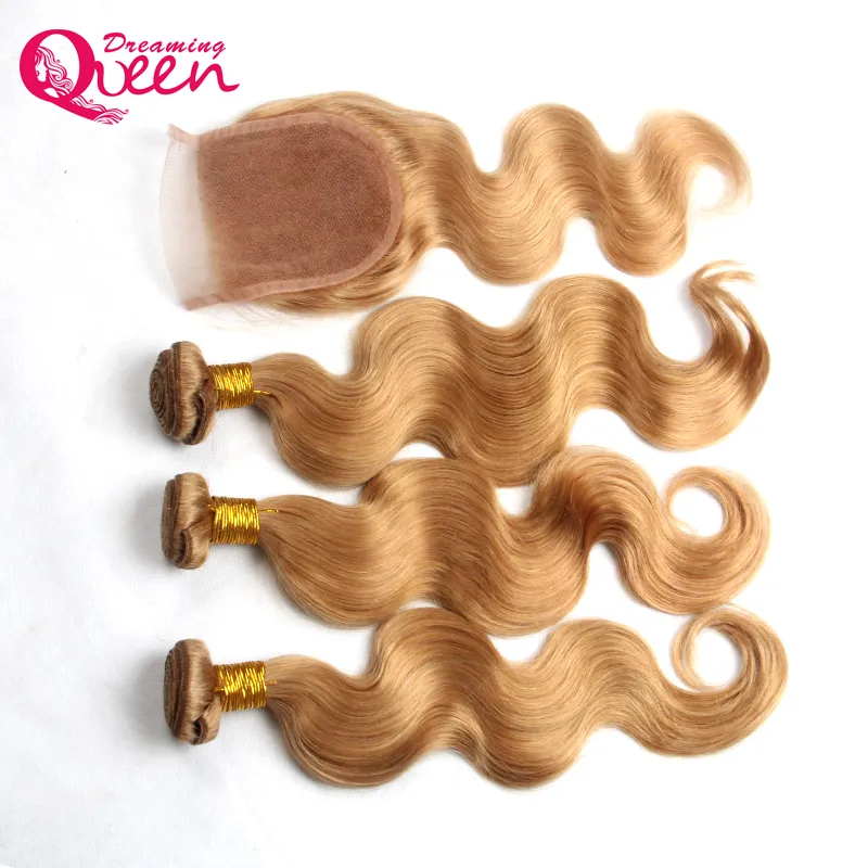 Brazylijskie pakiety ludzkich włosów z koronkowym zamknięciem 27 Miod Blond Virgin Hair Wefts z koronkowymi zamkniętymi węzłami Body Blond8618761