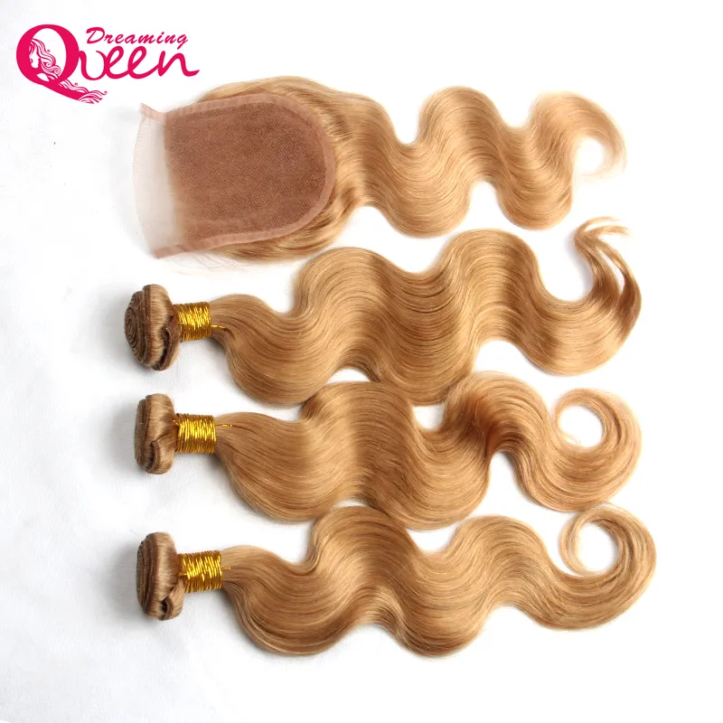 Braziliaanse bundels van echt haar met vetersluiting 27 honingblond maagdelijk haar inslagen met vetersluiting gebleekte knopen body wave blond9761318