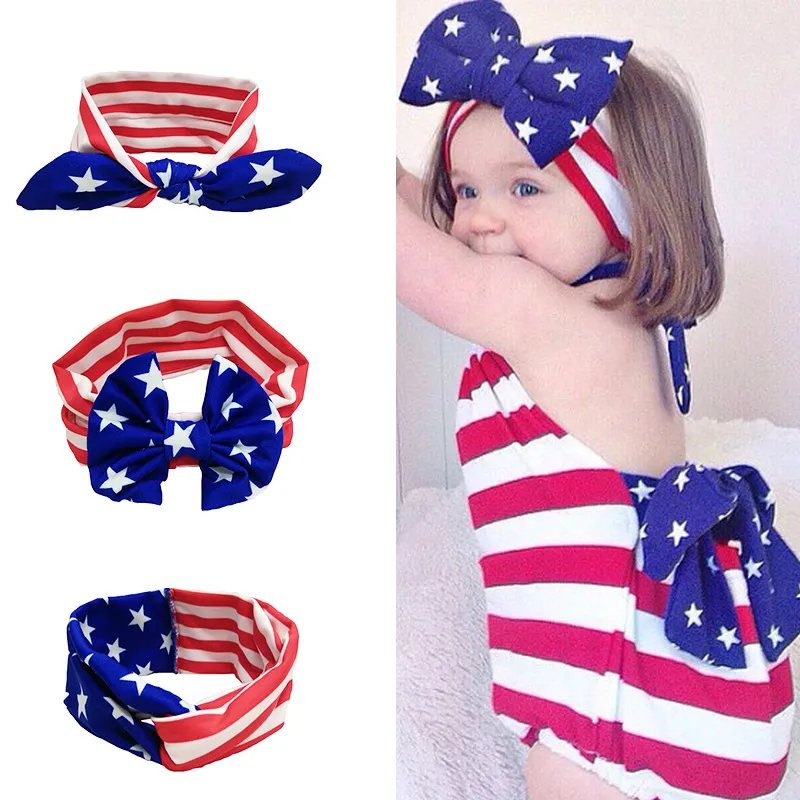 Baby Star Stripe National Flag Bowknot Headpastes 3 Design Girls Lovely Cute American Flag Band Headwrap Dzieci Elastyczne akcesoria