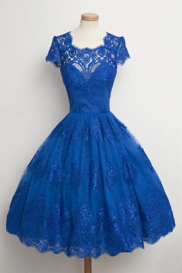 화려한 홈 커밍 드레스 짧은 레이스 로얄 블루 댄스 파티 드레스 보석 목 덮인 반팔 정식 파티 가운 맞춤 제작