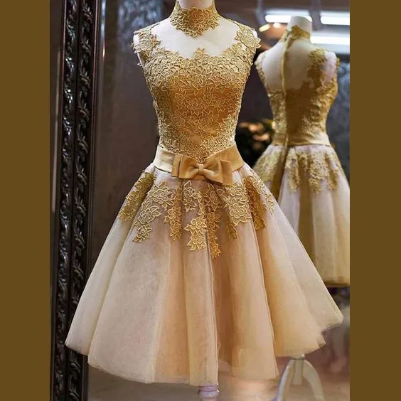 2018 Elegantes Vestidos De Homecoming Para Adolescentes Cuello Cuello Con Apliques De Oro Vestidos De Fiesta Cortos Con Tierred De Cóctel De Hoja De Arco De 122,47 € | DHgate