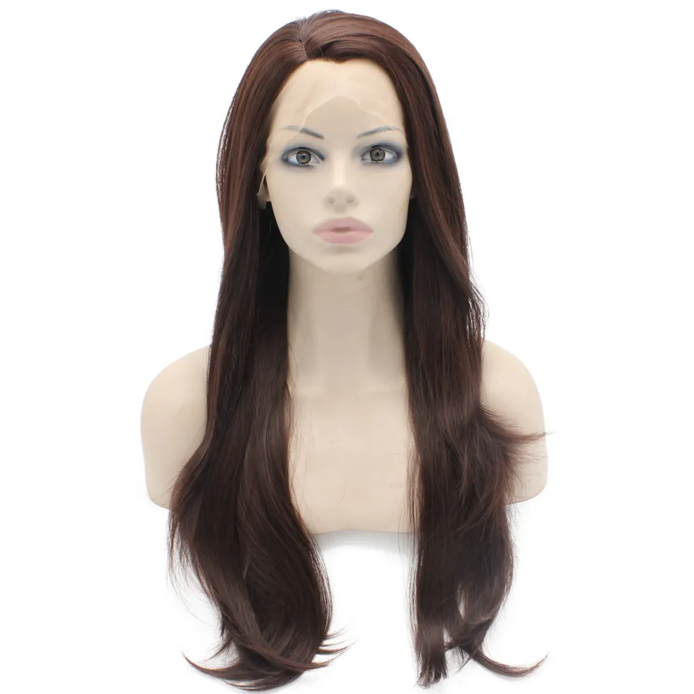 24 "# 33 Auburn Silky Straight Density Density Calor Seguro Fibra Rendas Frontal Peruca De Cabelo Sintético Livre Partimento Natural Peruca Com Pele