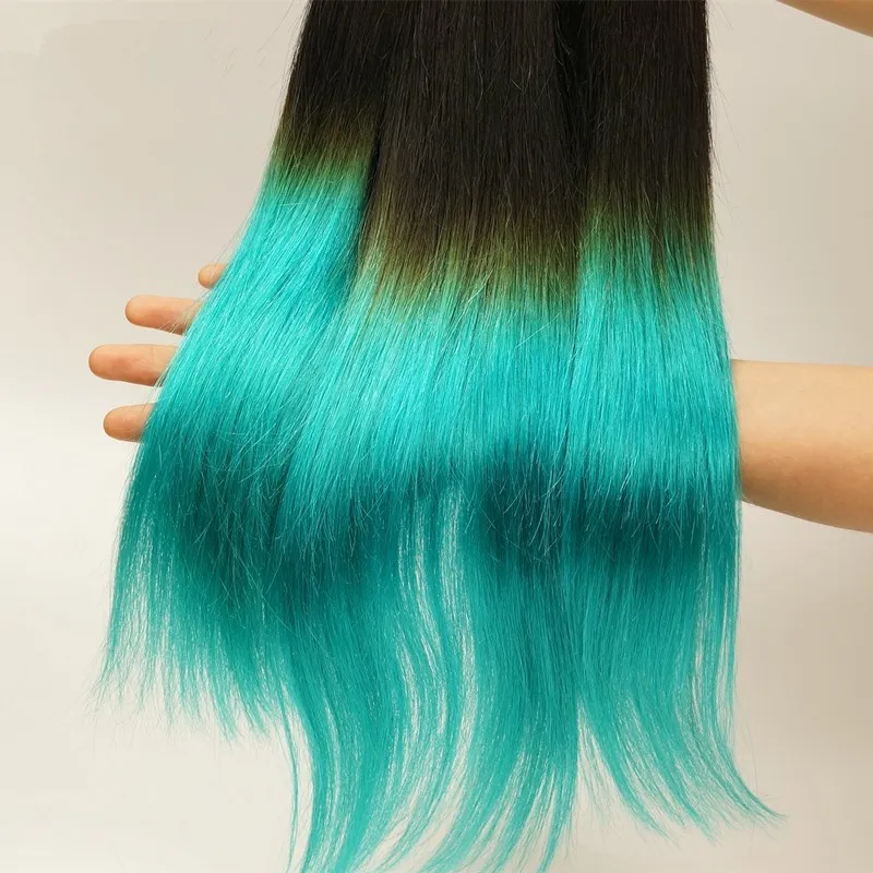 1BTeal Ombre Virgem Peruano Extensões de Cabelo Humano Sedoso Reto Peruano Ombre Cabelo Humano Tecer Pacotes Preto e Teal Str8561667