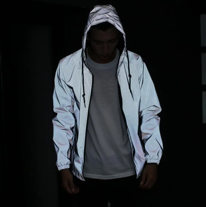 Reflective 3M Hooded Mens Hip Hop Windbreaker Casual Jackets For