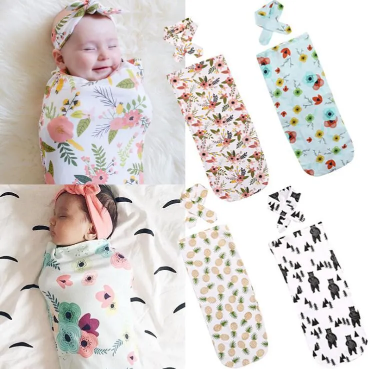 Infantil Bebê Swaddling Floral Abacaxi Cobertor impressão recém-nascido saco de dormir Com Headband 2 pçs / set Algodão frete grátis C3025