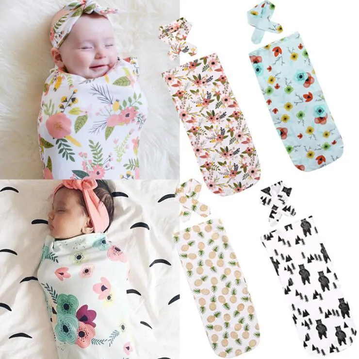 Spädbarn Swaddling Floral Pineapple Blanket Nyfödd Skriva Sovsäck med huvudband 2st / set Bomull Gratis frakt C3025