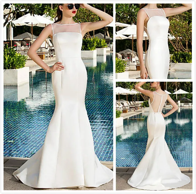 Julie Vino Beach Sheath Jewel Sexy Wedding Dresses Modest Plus Size Custom Made Satin och Tulle Bridal Gowns Sweep Train