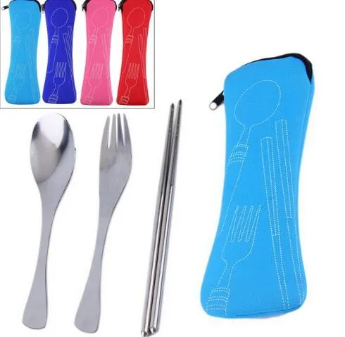 100 sets Travel Picnic Portable Cutlery Stainless Steel Tableware 3pcs/set Chopsticks Spoon Fork