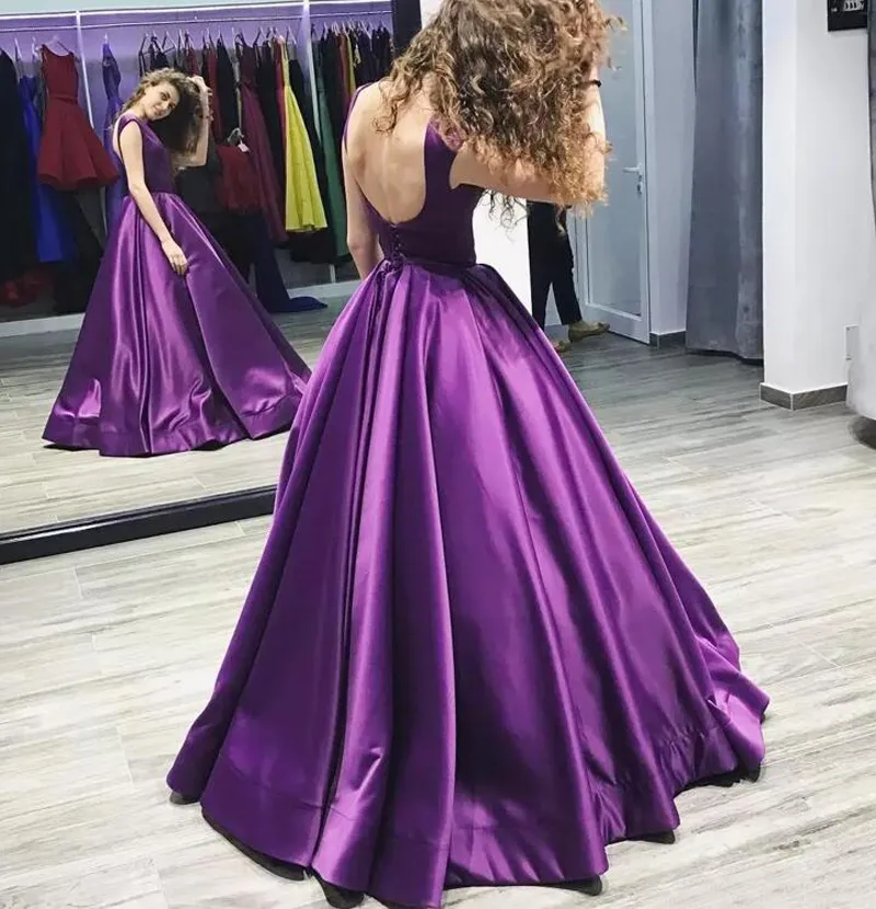 Modest 2017 Roxo De Seda Elástica Como Cetim Sem Costas Vestidos de Baile Longo Barato Bateau Ruched Formal Vestidos de Festa Vestidos de Noite EN11233