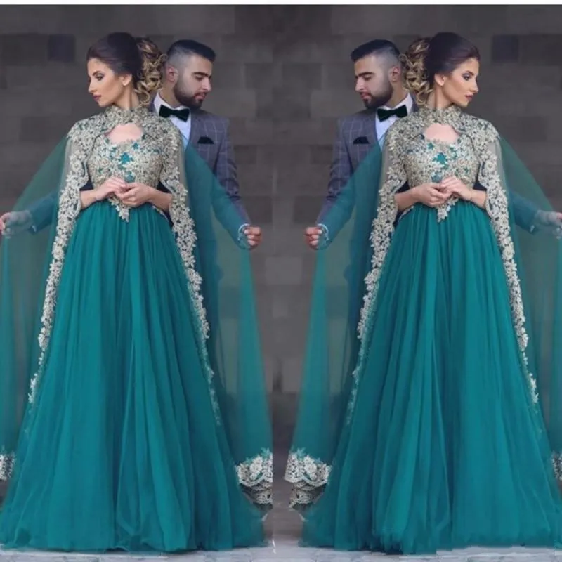 Vestidos de fiesta de tul de Hunter verde azulado baratos con apliques de encaje con cuello en V y cuentas de cristal Vestido de fiesta largo con cuentas musulmanas Vestidos de noche de talla grande