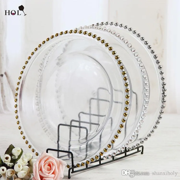 Assiette ronde en verre pour mariage, 13 pouces, argent/or clair, chargeur de perles, pates, plaque de verre pour décoration de table de mariage, en stock