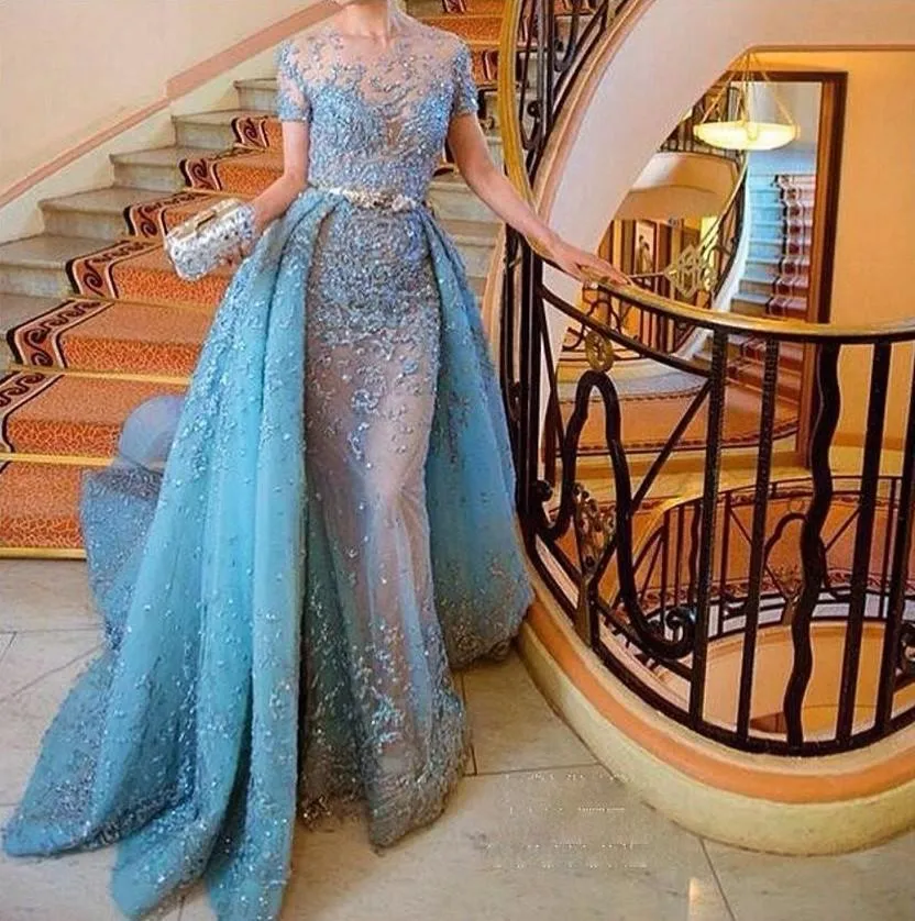 2016 Abiti personalizzati Abiti da sera Vero e proprio sexy Sheer Bling Ricamo con perline Gioiello Collo Corto Elegante Cielo Blu A Line Abito formale Elie Saab