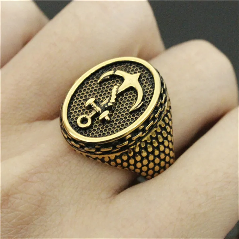 2 pçs / lote mais novo design âncora dourada anel legal 316L aço inoxidável estilo motociclista homens vendendo banda festa estilo punk ring259c