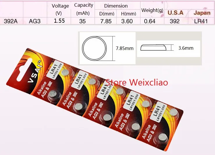 1 AG3 LR41 192 384 392 392A SR41 L736 1.55V Pile Bouton Alcaline