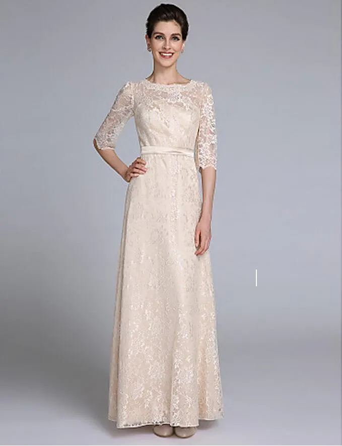 Lace Sheath Champagne Kolonn Golvlängd Halv ärm med sash Mor av bruden Klänningar Lace Moders klänningar