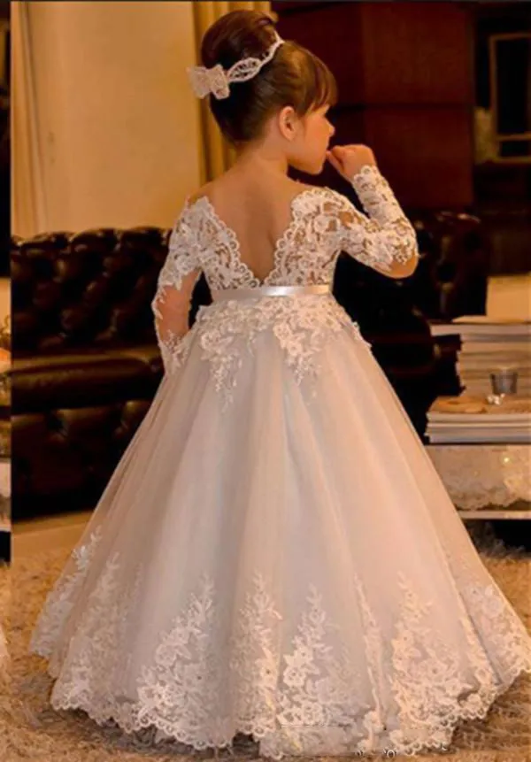 Bebê branco laço bebê vestidos de casamento 2017 manga longa v backless tulle bola vestido flor menina vestidos de chão comprimento meninas concurso vestidos