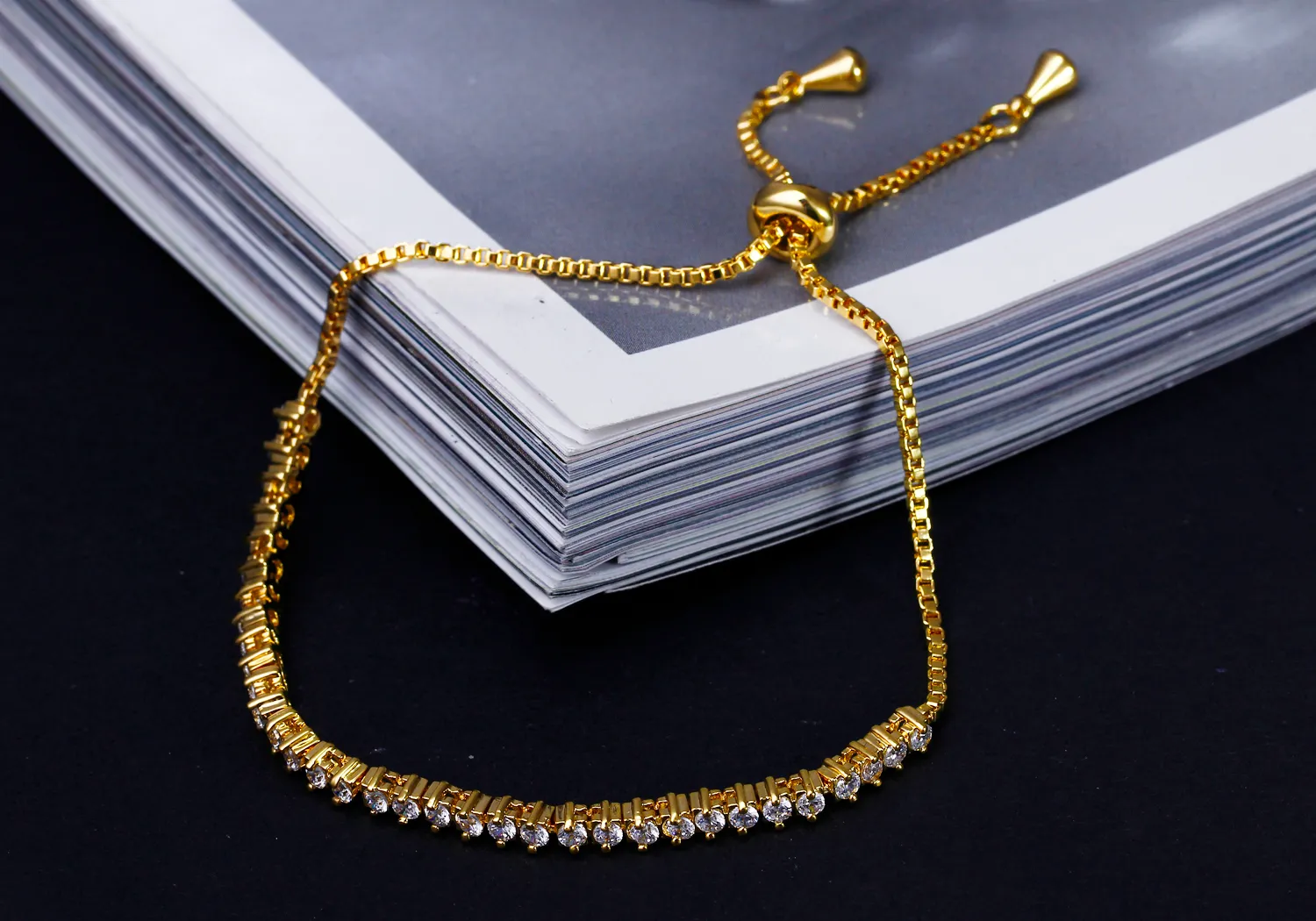 Adjustable Length size Bracelet 18K Gold Platinum plate with Cubic Zirconia size Bangle & Bracelet263d