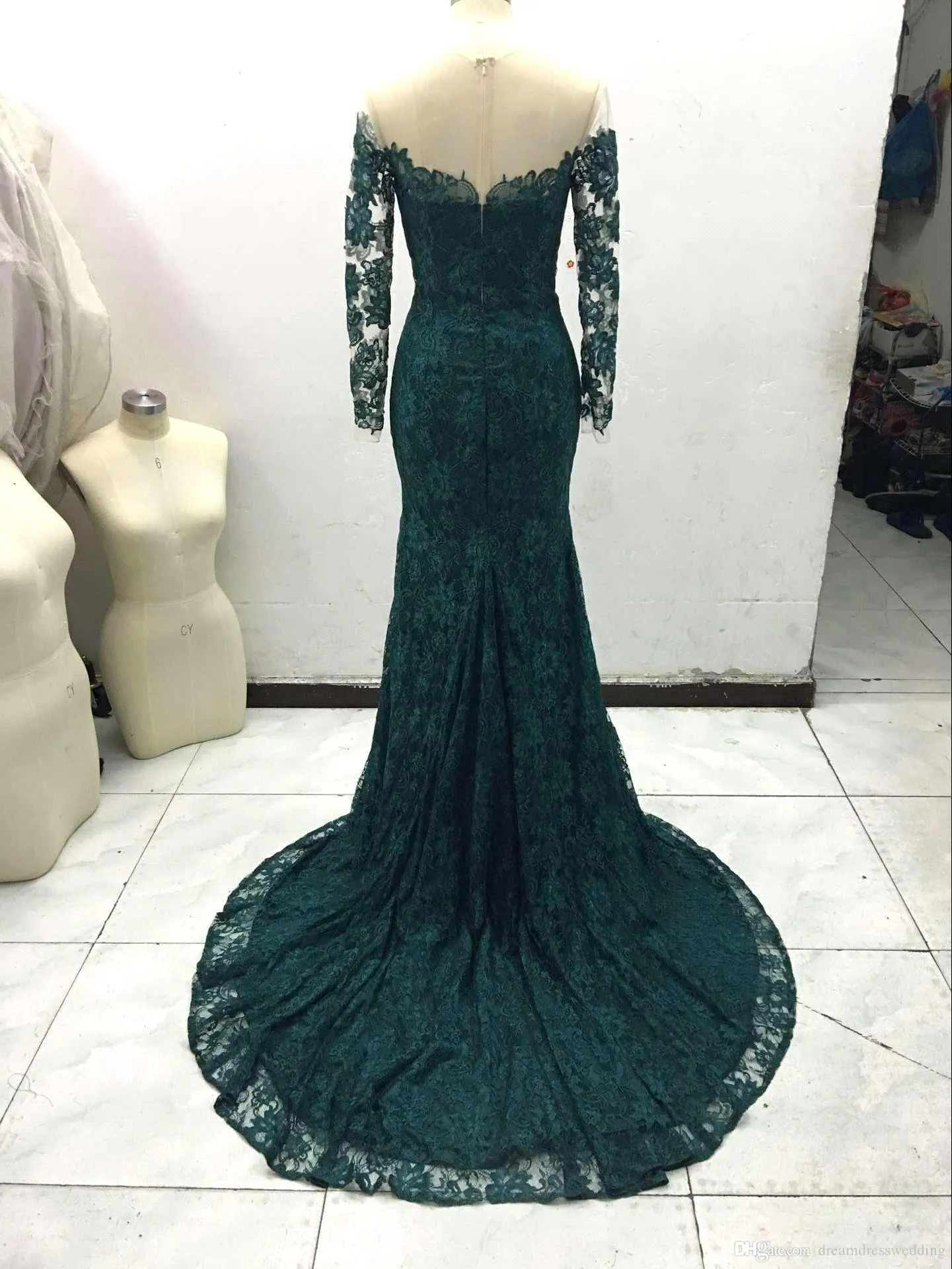 New Arrival Elegant Green Lace 2016 Mermaid Long Sleeve Prom Dresses Sexy Sheer Emerald Formal Evening Gowns Party Dresses vestido de festa