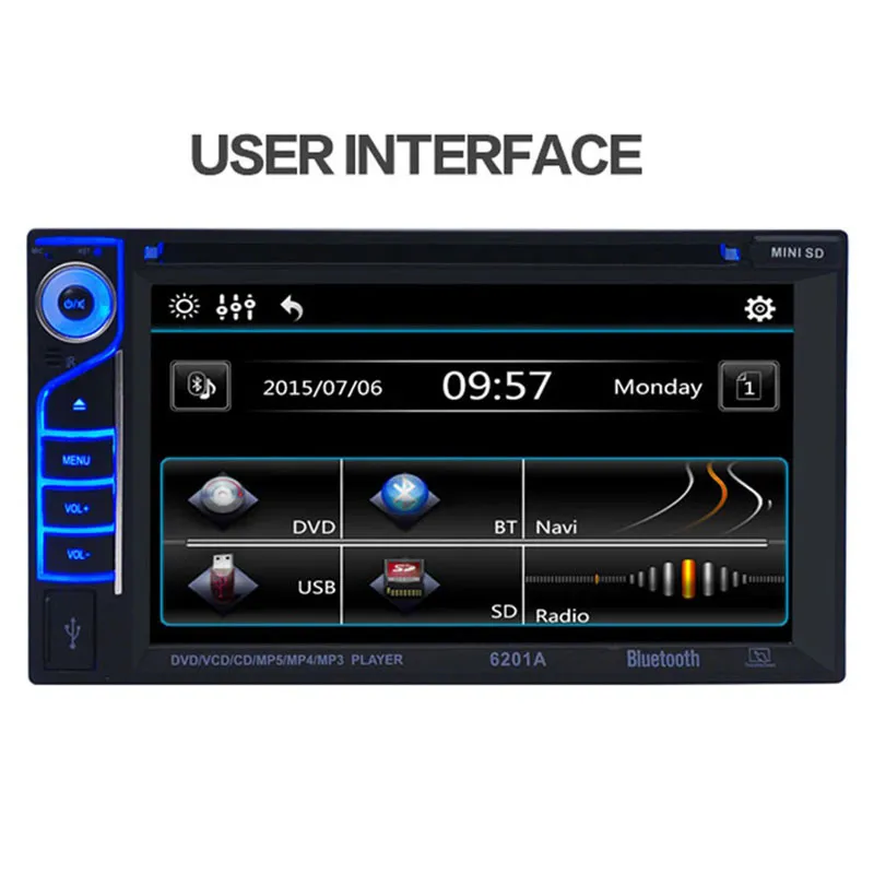 Nouveau lecteur DVD de voiture Double Din 6.2 pouces 6201A DIVX/DVD/VCD/CD/USB/Bluetooth lecteur multimédia automatique 2 Din MP5 lecteur Audio télécommande