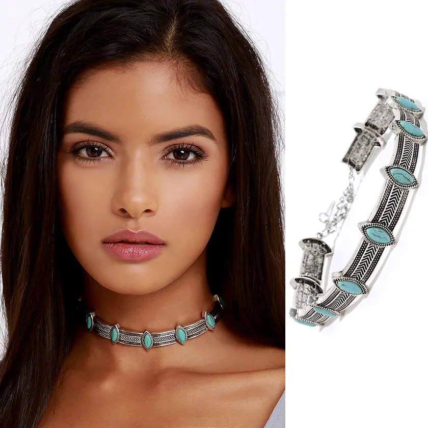 Femme Collier Femme Thai Silvermynt Bohemian Turquoise Pendant Colar Statement Halsband Choker Halsband Vintage Smycken För Kvinnor DHN336