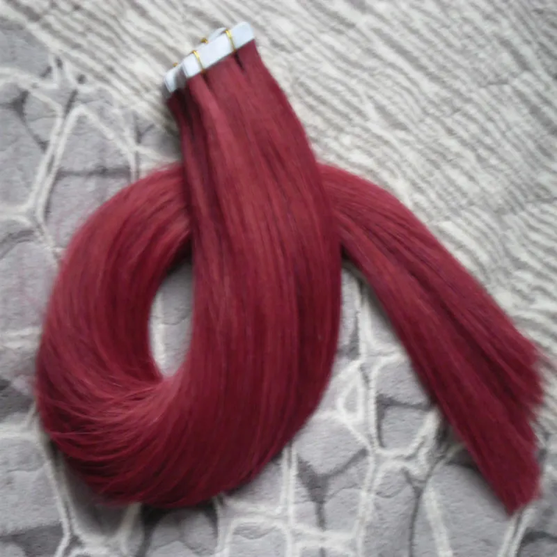 #99J Rotwein-Tape-Haar, 100 % brasilianische Echthaarverlängerung, gerades Band in Haarverlängerungen, Echthaar, 100 g, 40 Stück
