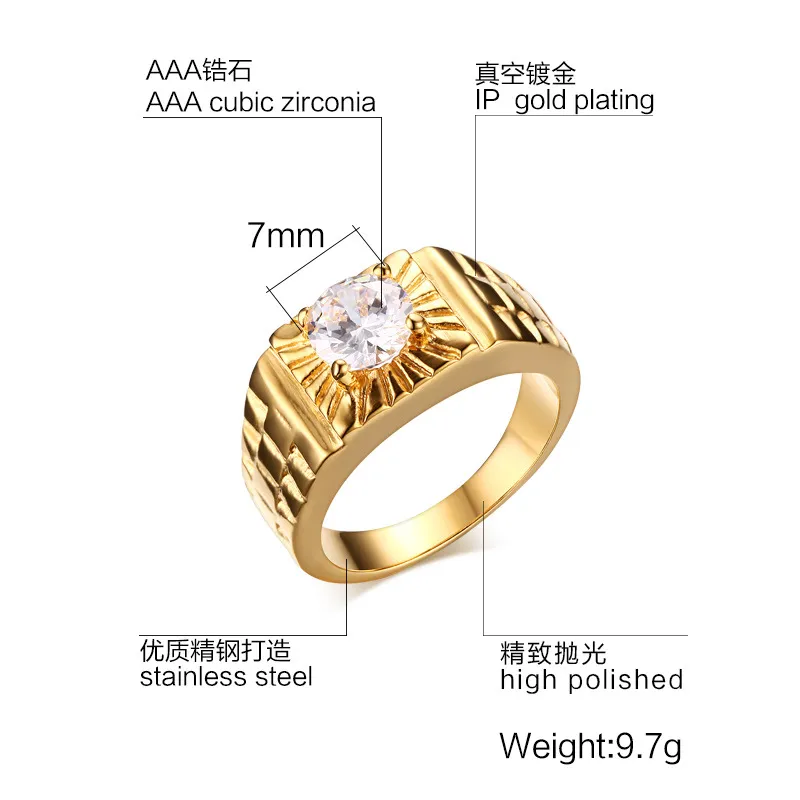 Men Punk Ring Stainless Steel CZ IP Gold Plated High Polished Vintage Jewelry Carved Geometric Hipsters Accessories Gold Size 7-11218y