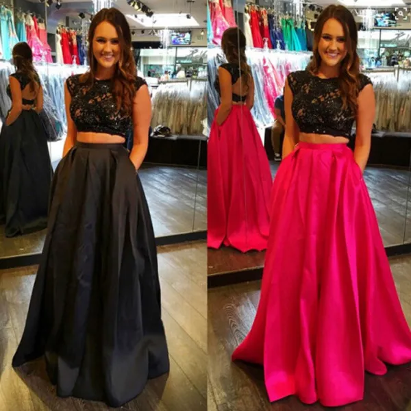 Popular Black Prom Vestidos Longo Duas Peças Vestidos de Festa À Noite Frisada Preta Laço Apliques Top Aberto de Volta Saia Longa com Bolso