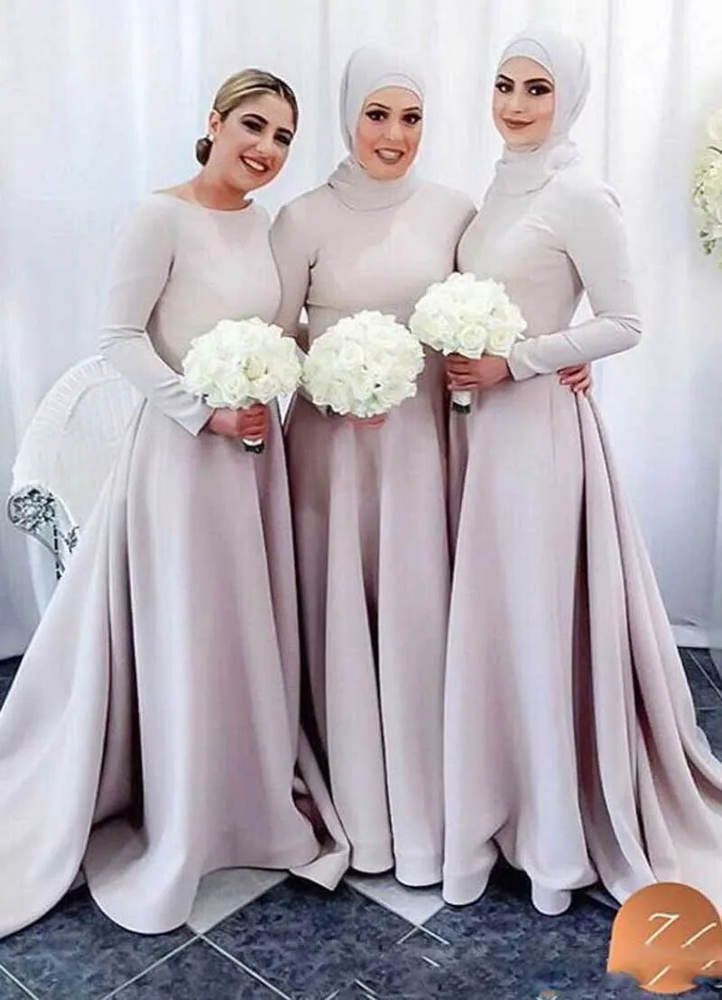 Muslim Bridesmaid Dresses Long Sleeves A Line Satin Hijab Evening Dresses for Wedding Party 2024