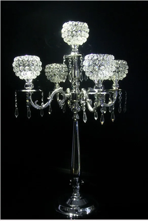 75 cm height 5-arms metal Chrome / Gold candelabras with crystal pendants wedding candle holder Event centerpiece LLFA11