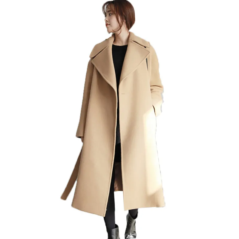 Plus Size Loose Beige Womens Winter Jackor och Coats Long Ull Coat Kvinnlig Kläder Avstängning Krage Cardigan Overcoat Wuj1048