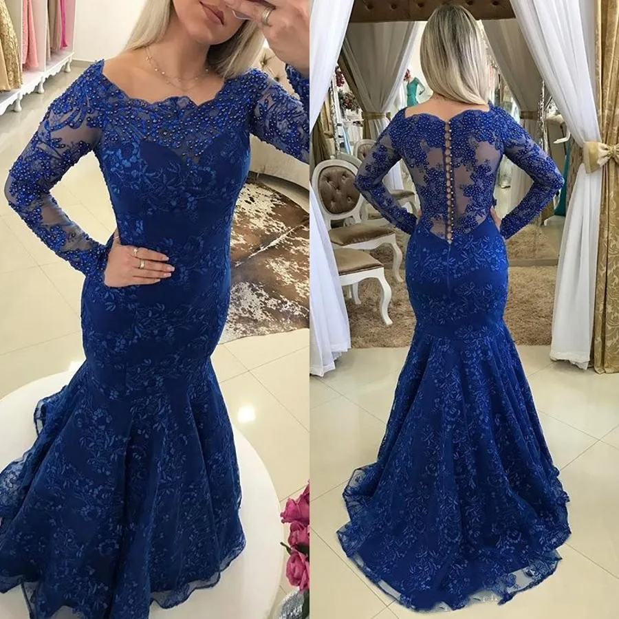 Sjöjungfrun kvällsklänningar 2017 Scoop Neck Sheer Långärmade Full Lace Pearls Beaded Royal Blue Grape Sweet 16 Formell Party Dress Prom Crows