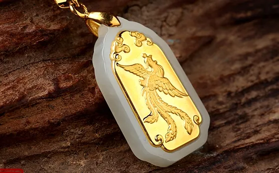 Glücksanhänger aus Jade mit Goldeinlage, rechteckig, Longfeng Liebhaber. Halskettenanhänger.