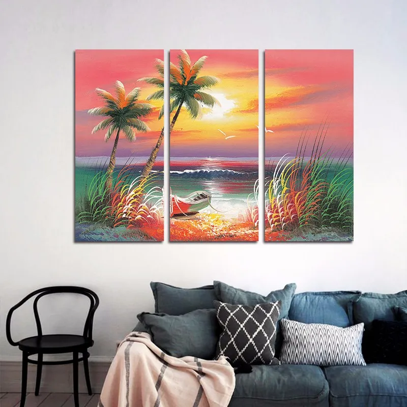 Colorful seascape boat Hawaii decoration coconut tree wall art picture poster flowers Canvas Painting living room unframed1775851