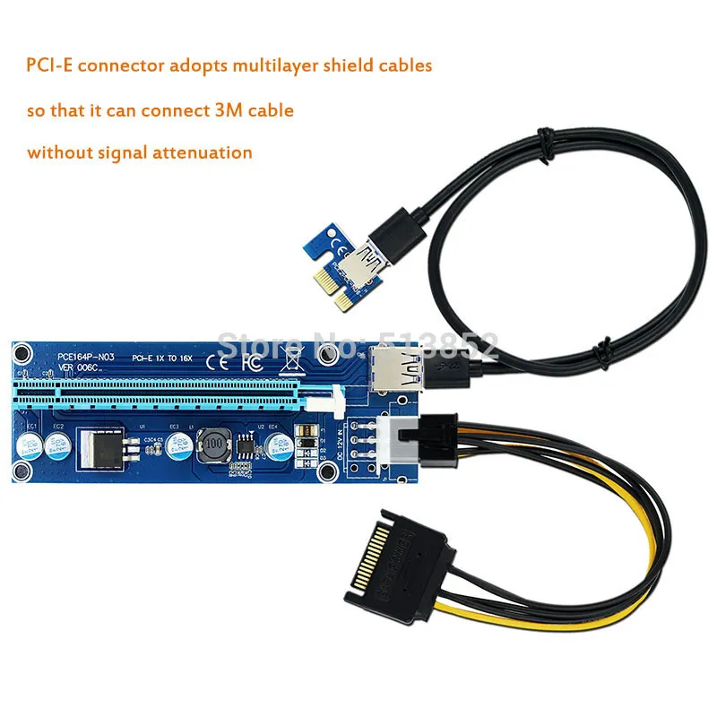 Livraison gratuite 10pcs / lot 006C PC PCIe PCI-E PCI Express Riser Card 1x à 16x USB 3.0 SATA à 6Pin IDE Molex Alimentation pour BTC Miner Machine