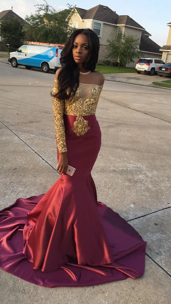 Charming African Style Off Shoulder Prom Dresses 2016 Gold And Burgundy Evening Gowns For Black Girls Long Sleeve Sweep Train Formal Dresses