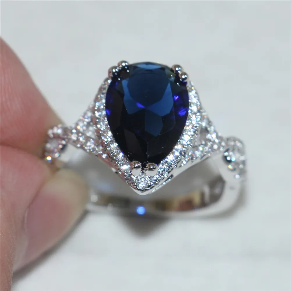 Böhmischer zarter birnenförmiger tiefblauer CZ-Simulationsdiamant-Ring-Finger-Ring, modisch, 10 KT Weißgold gefüllt, Hochzeits-Brautschmuck für Frauen