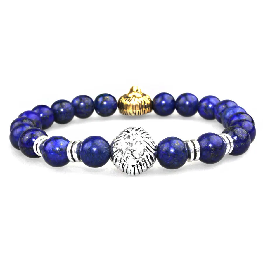 SN0637 Pulsera de cabeza de león doble Pulsera de cuentas de cabeza de león de oro plateado Pulsera de lapislázuli de moda para hombre