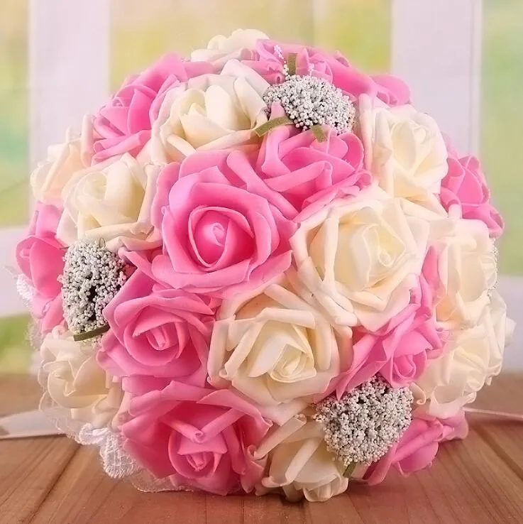 Lindo buquê de casamento de noiva, todos feitos à mão, buquês de flores de noiva, pérolas artificiais, buquê de rosas com presente 9 Col4361685