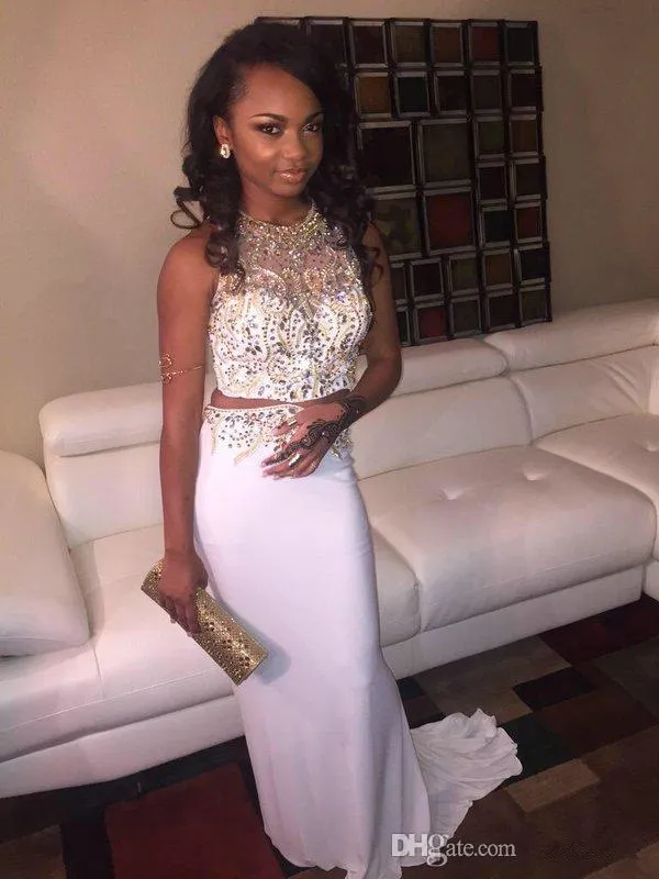 Fitted white two piece prom dresses 2019 Crystal Beaded Crop Top Graduation Dress corset pageant evening gowns Party Dresses Customize