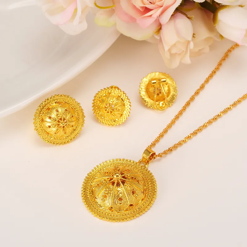 Zestaw biżuterii szczytowej Habesha N B e Etiopski ślub ślubny 14K żółte stałe złoto wypełnione wisiorek Pierścień Wholle290o
