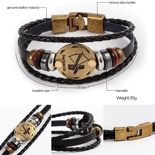 Mode Bronze Legierung Schnallen 12 Sternzeichen Armband Punk Leder Armband Holzperle + Schwarz Gallenstein Für Männer Charme Schmuck HJIA957