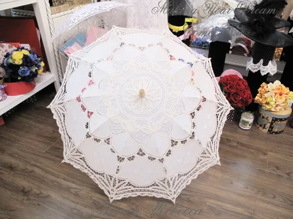 Vintage paleisstijl witte parasol paraplu voor bruidsfeestje bruids batten kanten handgemaakte HOGE KWALITEIT3076191