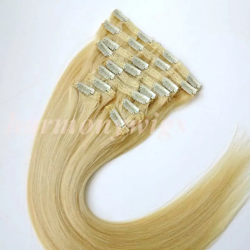 120g 10 sztuk / 1 zestaw Clip In On Hair Extensions Double Drown # 613 / Bleach Blonde 20 22 inch Proste Brazylijskie Ludzkie Przedłużanie Włosów