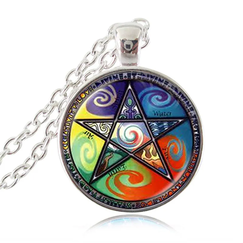 Fem Element Pentagram Halsband Pentacle Pagan Triple Moon Goddess Hänge Fem Pekad Star Astrologi Smycken Häxa Gotiska Smycken Presenter