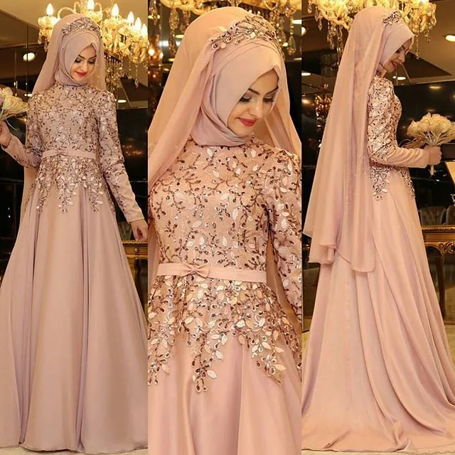 Vente chaude Robes de soirée musulmanes perlées avec manches longues col haut appliqué robes de bal une ligne balayage train en mousseline de soie robe formelle pailletée