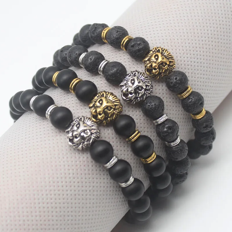 Venta al por mayor de pulseras con cuentas de cabeza de león, joyería, pulsera de piedra de Lava negra para hombres y mujeres