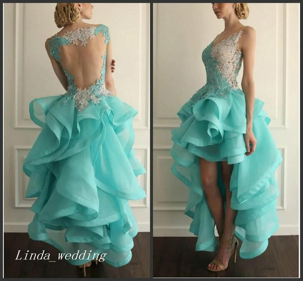 2019 Mint Green Color High Low Prom Kleid Sexy Rüschen Organza Spitze Quinceanera Kleider Abend Party Kleid Plus Größe vestidos de 275 t